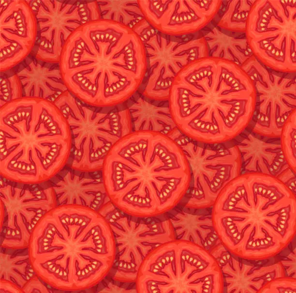 Vector illustration of Tomato pattern. Red background. Chopped tomato. Red ripe tomatoes.