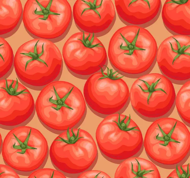 Vector illustration of Tomatoes pattern. Beige background. Tomatoes in a box. Red ripe tomatoes with green stem.
