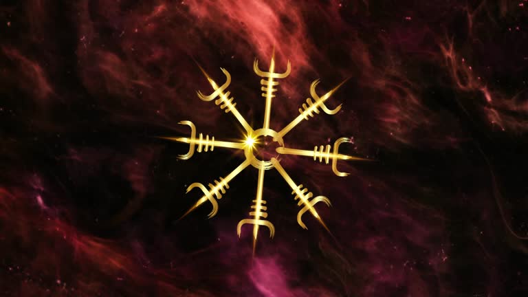 Animation of Viking Pagan Asatru Gold Compass, Vegvisir Celtic Circle Viking in motion. Video Norse Mythology Golden Protective talisman. Magical Navigator footage on the smoke fog space background