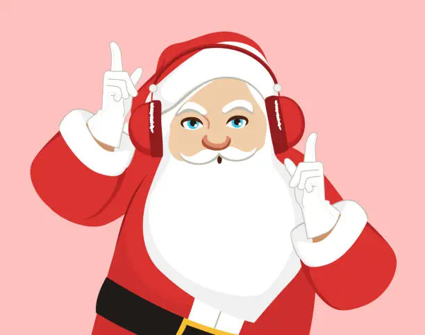 Vector illustration of Happy Dancing Santa Listening to Christmas Carols Vector Cartoon Illustration