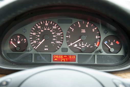 Dashboard of a car with analogue dials