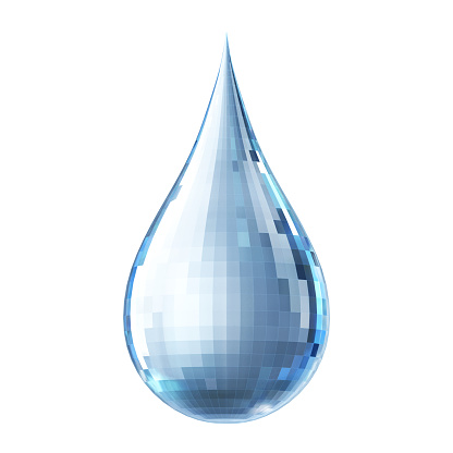 The pixelated water drop isolated on white background. 3D Render
