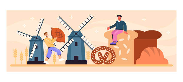 ilustrações, clipart, desenhos animados e ícones de jovem feliz sentado no pão torrado. fabricação de pão de confeção - baker california