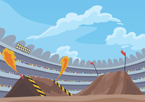 Background for jumping monster truck show. Burning springboards for car with large tires, rally 4x4 computer or mobile game. Vector cartoon illustration.