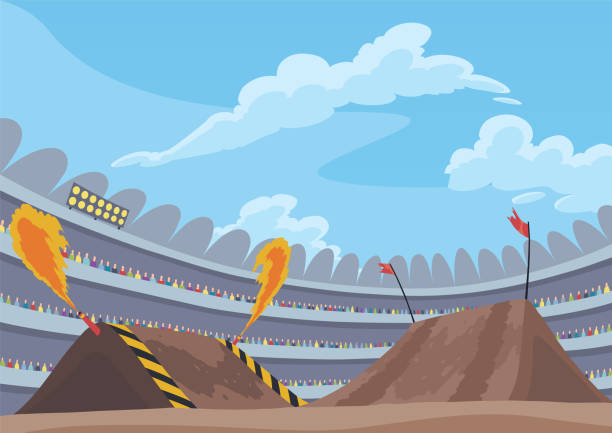 Background for jumping monster truck show. Burning springboards for car with large tires, rally 4x4 computer or mobile game. Vector cartoon illustration Background for jumping monster truck show. Burning springboards for car with large tires, rally 4x4 computer or mobile game. Vector cartoon illustration. hopper car stock illustrations