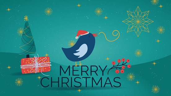 Merry Christmas vector banner in green, red and blue colors with little Christmas bird and decoration elements