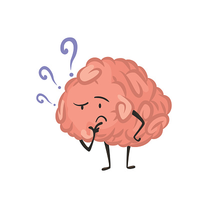 Brain character emotion. Intelligence emoji thinking illustration. Cute hero brain emoji isolated on white background. Funny cartoon emoticon.