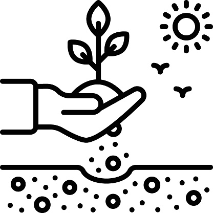Sun, Birds and soil vector icon design, Lawn and Gardening symbol, Farm and Plant sign, agriculture and horticulture equipment illustration, grower or horticulturist holding plant in fields concept