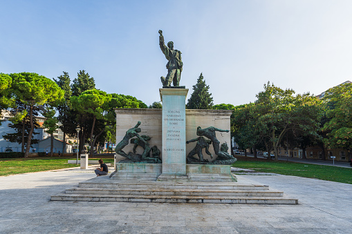 Pula, Croatia - October 9, 2023: The monument in memory of the fallen fighters of the Yugoslav resistance and of the victims of fascism by the sculptor Vanja Radaush erected in 1957.