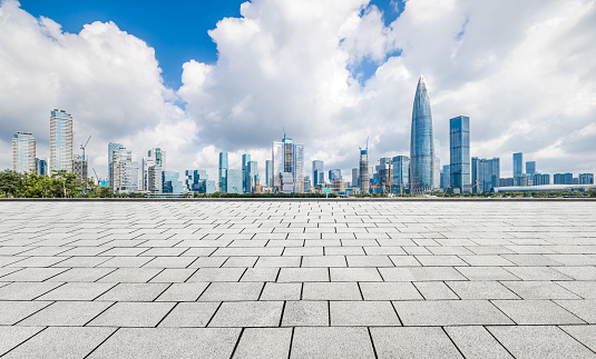 Clean square floor and city skyline in Shenzhen, Guangdong Province, China