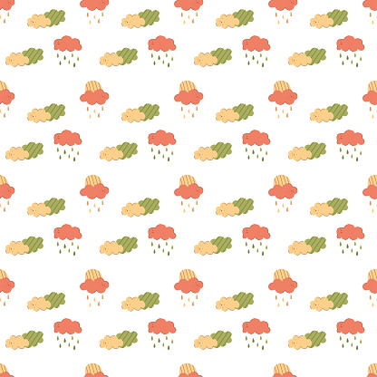 Seamless pattern with sun, rain and clouds. Black and white and color flat vector illustration.