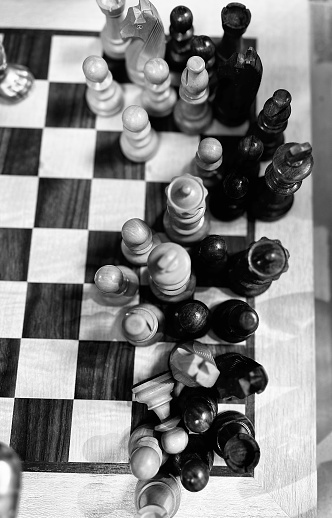 Chess game. Strategic desicion making. Plan and competition concept. Black and white.