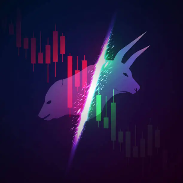 Vector illustration of Neon Light Effect Bullish vs Bearish Stock Market or Cryptocurrency Trends Concept Background for Financial Presentations