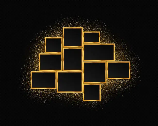 Vector illustration of Luxury golden photo collage with sparkle particles.