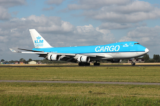 Vijfhuizen, Netherlands - August 18, 2013: Dutch KLM Cargo Boeing 747-400F with registration PH-CKD just landed on runway 18R (Polderbaan) of Amsterdam Airport Schiphol.