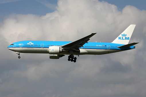 Schiphol, Netherlands - August 17, 2013: Dutch KLM Boeing 777-200 with registration PH-BQC on short final for Amsterdam Airport Schiphol.