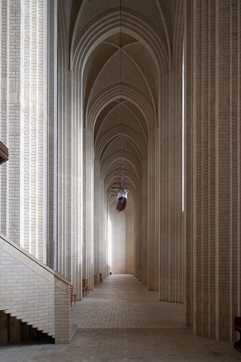 Copenhagen, Denmark – October 14, 2022: An interior shot of Grundtvigs Church in Copenhagen, Denmark