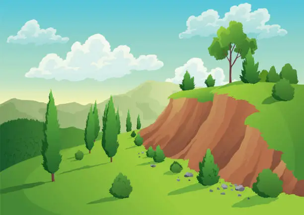 Vector illustration of Summer landscape with green hills, blue sky, meadow and mountains. Cartoon countryside vector wallpaper in minimal style design