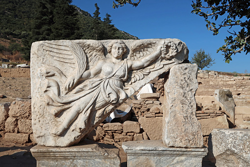 Ephesus, Turkey, October 17, 2023. Ancient ruined city of Ephesus, near Port of Kusadasi. Area of detail. Friezes or sculptures of the Gods. Outdoors on a sunny day