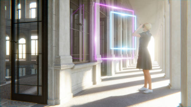istock Conceptual image of woman using VR headset in museum 1759913915