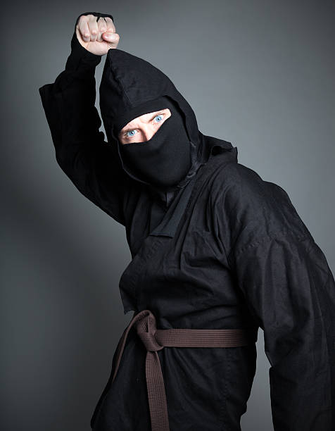 istock caucasian man disguised as a ninja isolated on grey 175991630