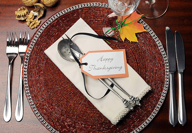 istock Happy Thanksgiving dinner table place setting aerial view 175991637