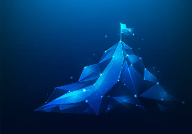 istock business mountain achievement strategy to success digital technology on blue background. path goal target and flag on top. route mission complete. vector illustration  low poly fantastic design. 1759920854