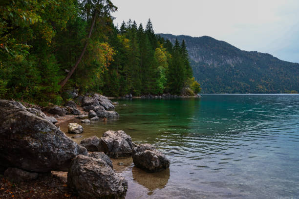 Eibsee lake on cloudy autumn day, Bavarian Alps, Germany.