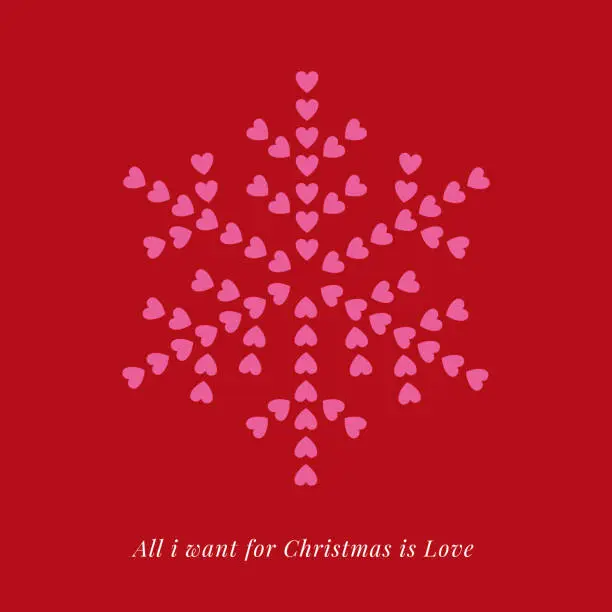 Vector illustration of Snowflake made with hearts. Christmas Card.