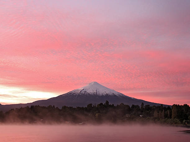 Mount Villarrica in the evening with some smoke coming out of the Volcano