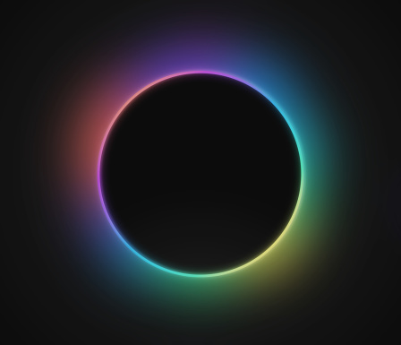 Circle glow frame eclipse black hole rainbow gradient abstract background.