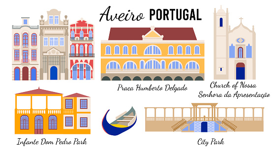 Set of symbols of Aveiro, Portuguese Venice. Architectural sights of the colorful European city of Aveiro, flat illustration for banners, souvenir cards, print on mugs and plates.