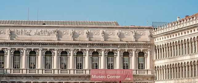 Venice, Italy - October 5, 2023: The Museo Correr is a museum in Venice. The building that encloses the far end of the Piazza San Marco is known as the Napoleonic Wing.