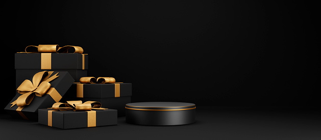 Black Friday background with gift box and podium. Christmas and holiday sale design mockup. Xmas present with golden ribbon and product placement pedestal.