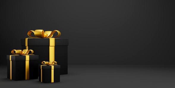 Black Friday background scene with present box wrapped with golden ribbon. Gift box for christmas, new year and holiday sale design. 3d render