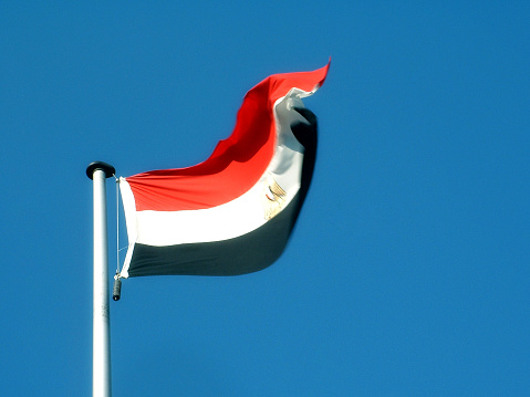 The Egyptian flag is swaying by the wind in front of the Bibliotheca Alexandria