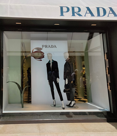 Venice, Italy - October 5, 2023: Logo of Prada an Italian luxury fashion house that was founded in 1913 by Mario Prada.