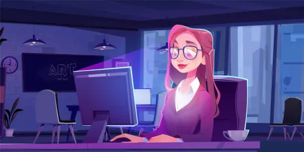 Vector illustration of Young business woman working in office at night