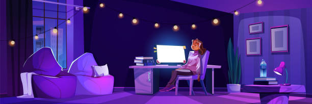 istock Tired woman sitting at night home office interior 1759977644