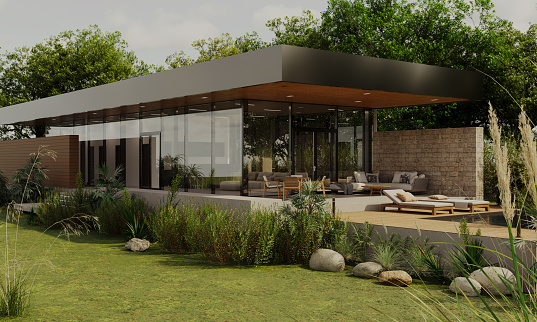 3D rendering of the back yard of a cubic house with pool and garden