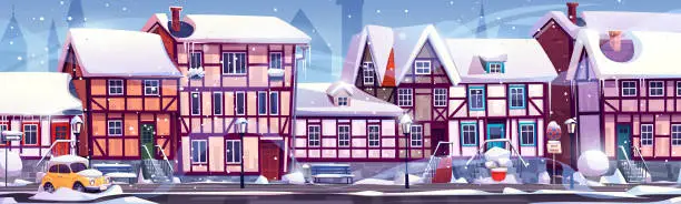 Vector illustration of Winter germany medieval town street cartoon vector