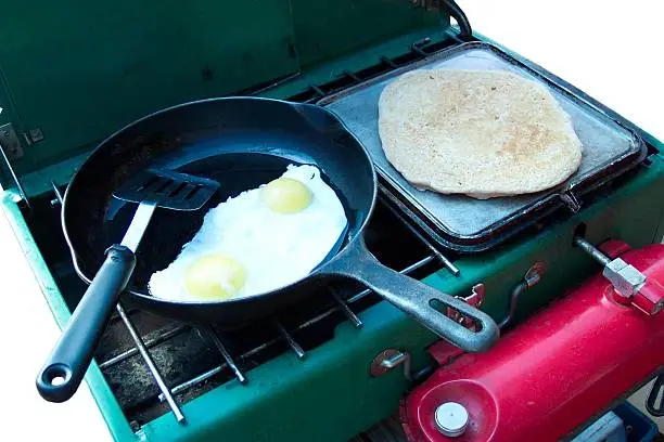 Pancakes and eggs on a coleman stove.