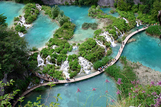 Plitvice: people walking on a footbridge over water "People walking on a curvilinear footbridge over bright green water, Plitvice Lakes National Park (Croatia).View my Lightbox" plitvice lakes national park stock pictures, royalty-free photos & images