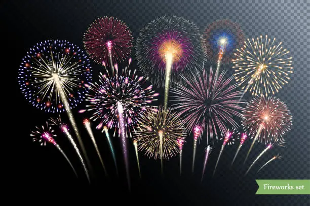 Vector illustration of Group of vector fireworks isolated on transparent background.