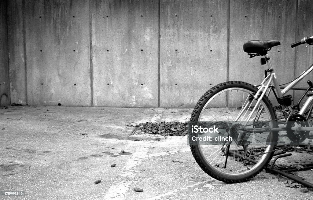 Back Tire The back tire of a bicycle parked in a bike rack.  Some scattered leaves and pine cones on the ground..  Great open space for copy. Amusement Park Stock Photo