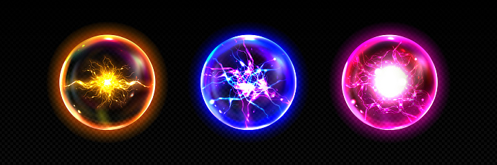Magic energy balls isolated on transparent background. Vector realistic illustration of neon yellow, blue, pink fortunetelling globes with lightning bolt, electrical discharge, power strike effect