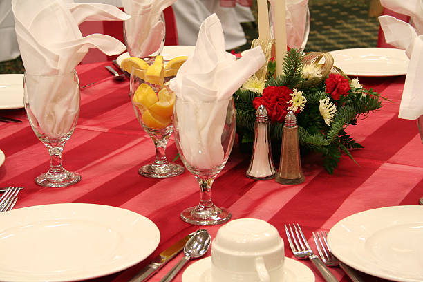 Red Banquet Formal Place Settings stock photo