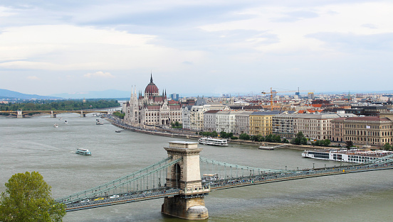 Panoramic view of the parliament, city and river on a spring day. Budapest. Hungary.