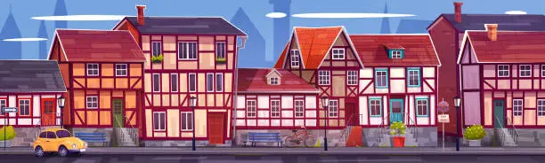 Vector illustration of Old European city street with traditional buildings