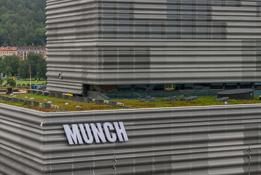Oslo, Norway - August 12, 2023: A close-up picture of the Munch Museum. It opened in 2021 and was designed by Spanish architect Juan Herreros and his studio Herreros Arquitectos (now Estudio Herreros).